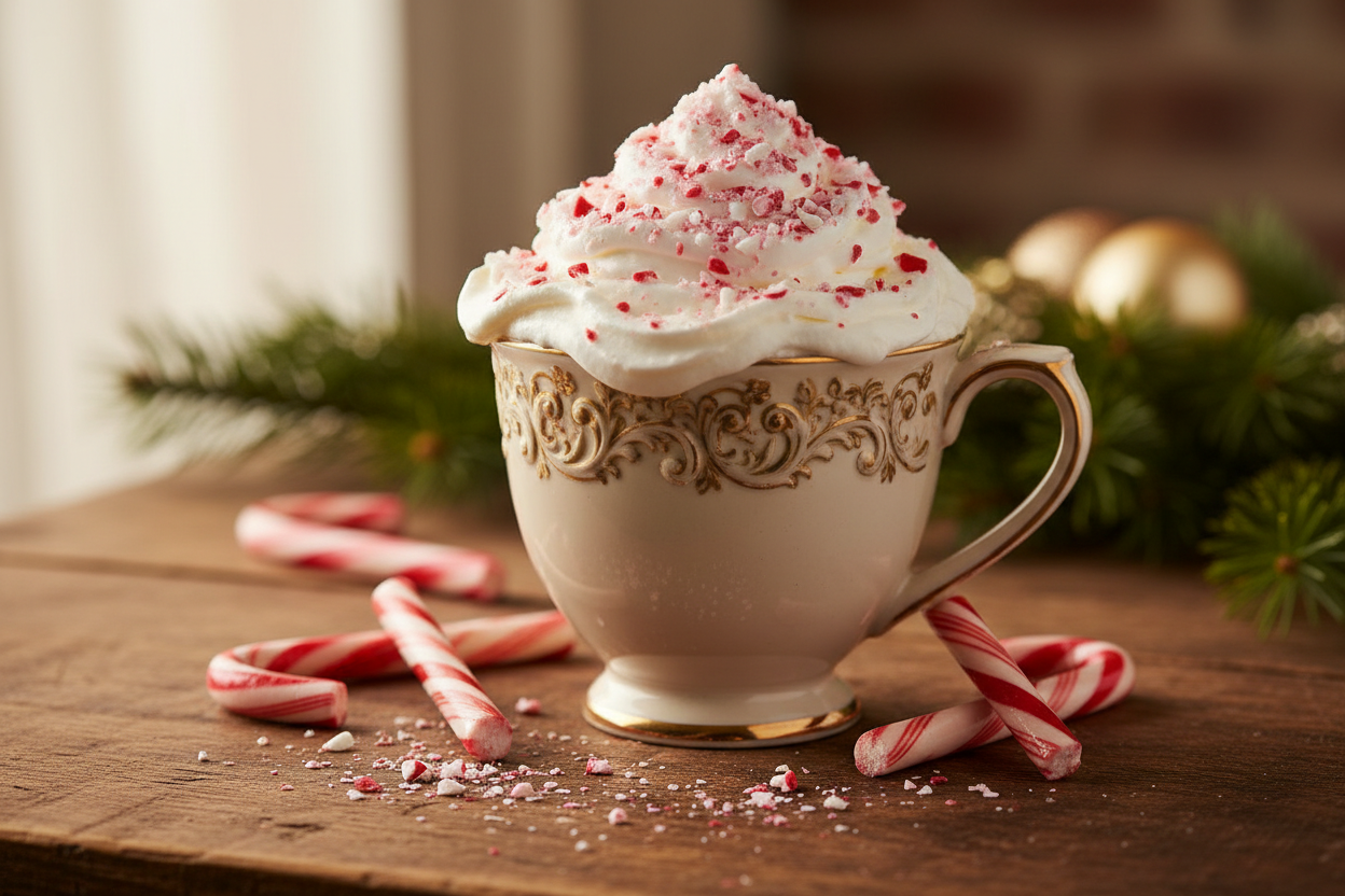 add whip cream with broken candy canes