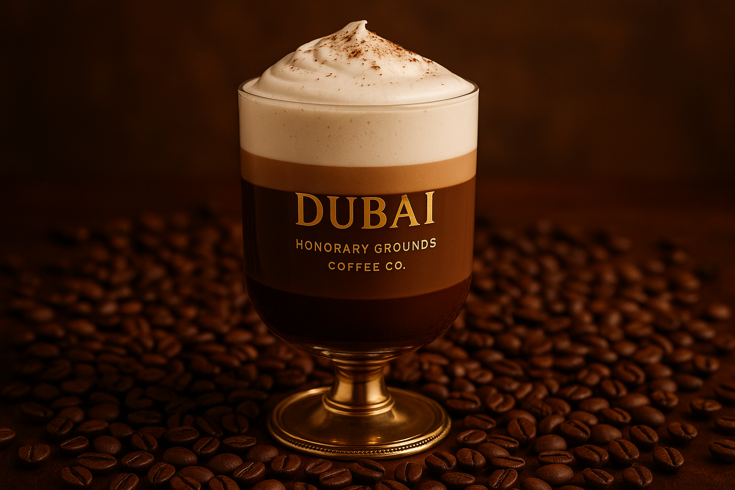 generate image of Dubai chocolate coffee with beans and small logo