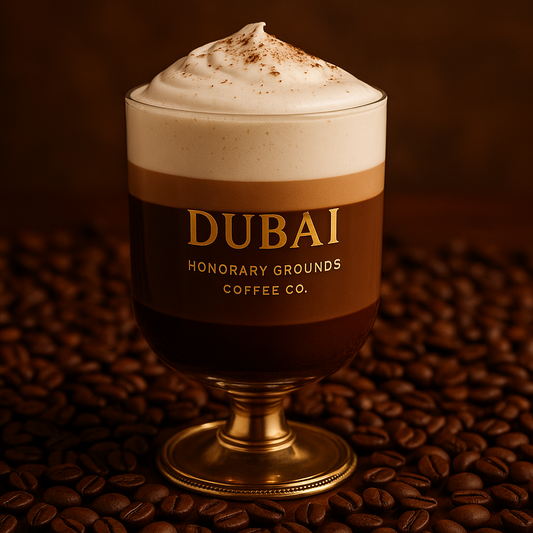 Dubai Chocolate coffee with coffee beans | Honorary Grounds Coffee Co.