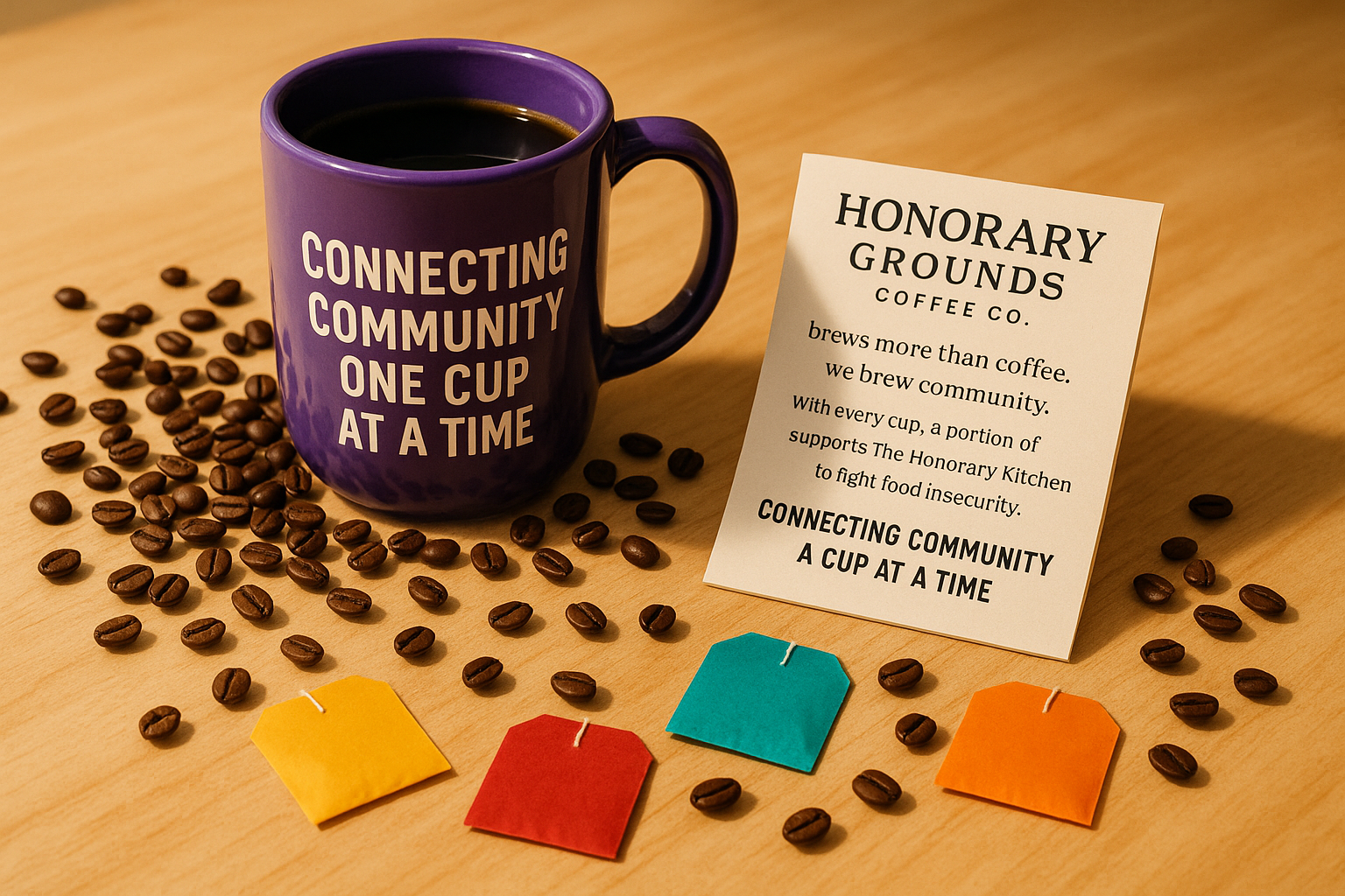 Purple coffee mug on it Connecting Community One Cup at a Time with a notepad near that states " Honorary Grounds Coffee Co. brews more than coffee, we brew community. With every cup, a portion of proceeds supports The Honorary Kitchen to fight food insecurity. Connecting Community A Cup at a Time." image needs to be on a light tan table with coffee beans and tea bags. Tone to be inviting and vibrant