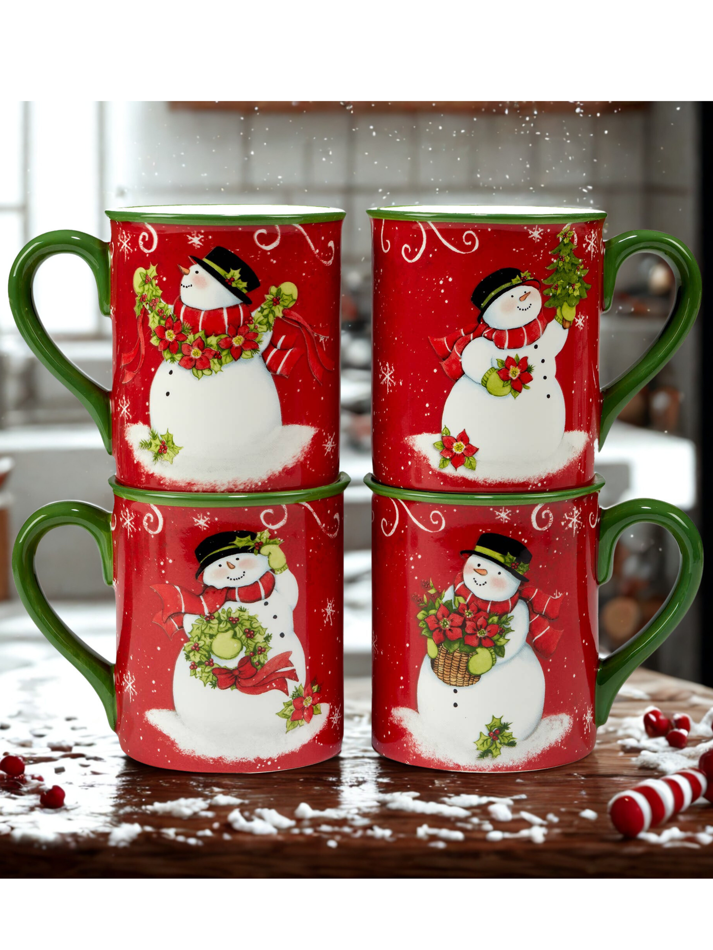 Susan Winget Holiday Magic Snowman Mug Set of 4 | Christmas Coffee Mugs