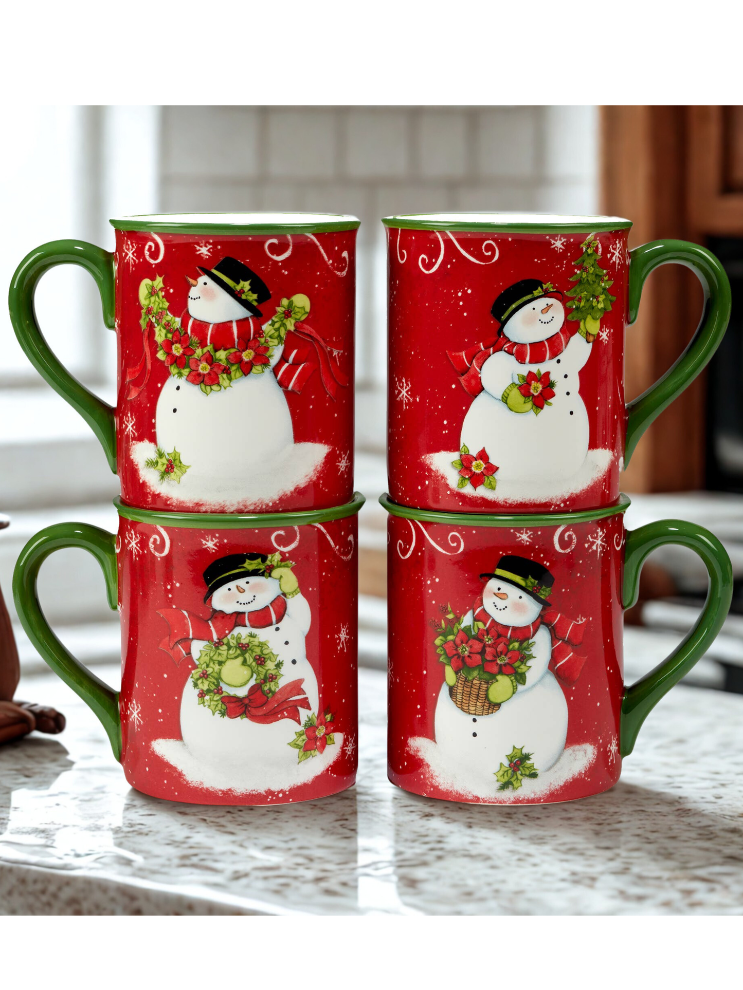 Susan Winget Holiday Magic Snowman Mug Set of 4 | Christmas Coffee Mugs