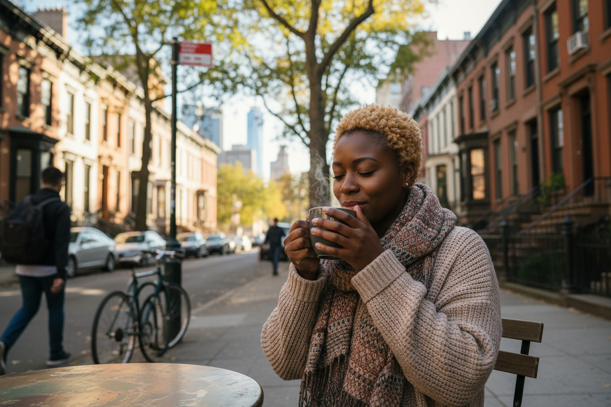 image of Brooklyn city with a black woman with short blond hair drinking coffee