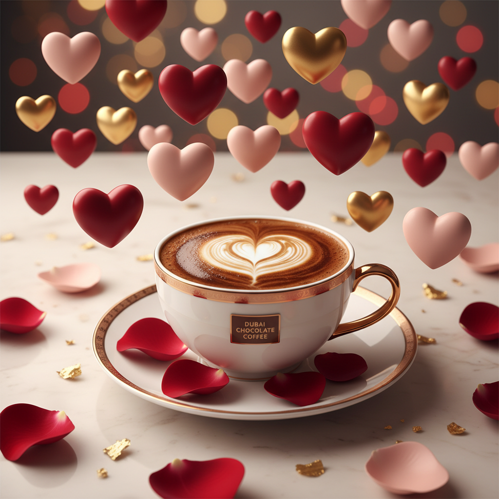 valentine's vibe for the Dubai Chocolate coffee with hearts